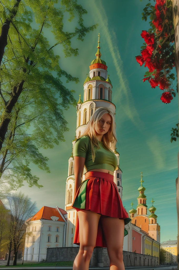 Lituania, pretty women blonde, ((In Vilnius City)), (((the Vilnius cathedrale tower))), (((wear a green top)), (((wear a red skirt)))