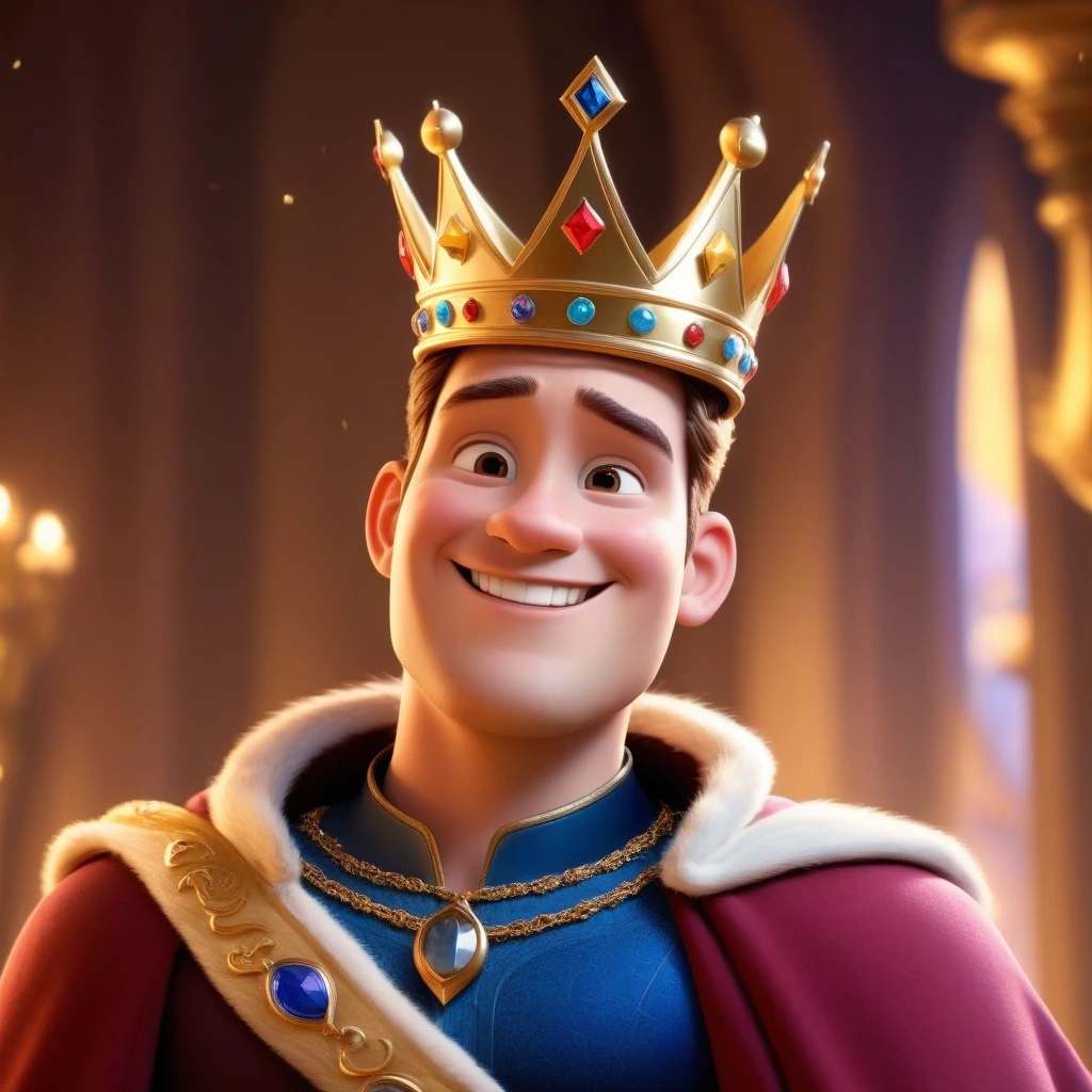 The character is a king, вдохновленный Disney Pixar, He wears a crown, smiling, side view
