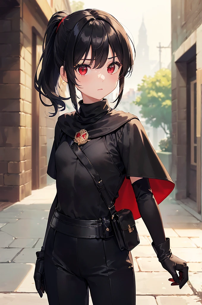 (masterpiece; best quality: 1.2), (finely detailed eyes: 1.3), ((10 year old female ???)), ((solo)), (red eyes: 1.4), (body; short, slender: 1.3), (black hair in low ponytail: 1.3), (beautiful and clear background: 1.2), ((depth of field)), (clothes: assassin attire + black turtleneck + black pants + small black cape + black gloves + light armor + satchel: 1.3), (anime illustration: 1.2), (background; medieval alleyway: 1.1), (extremely fine and beautiful: 1.1), (shot composition; standing + centered on torso + close-up: 1.5), (expression; calm, stoic: 1.2)
