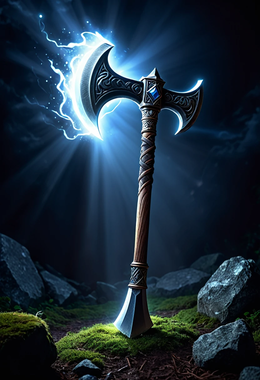 Magic dwarf axe, white glow, blessed by earth, mysterious, fantasy background, professional lighting