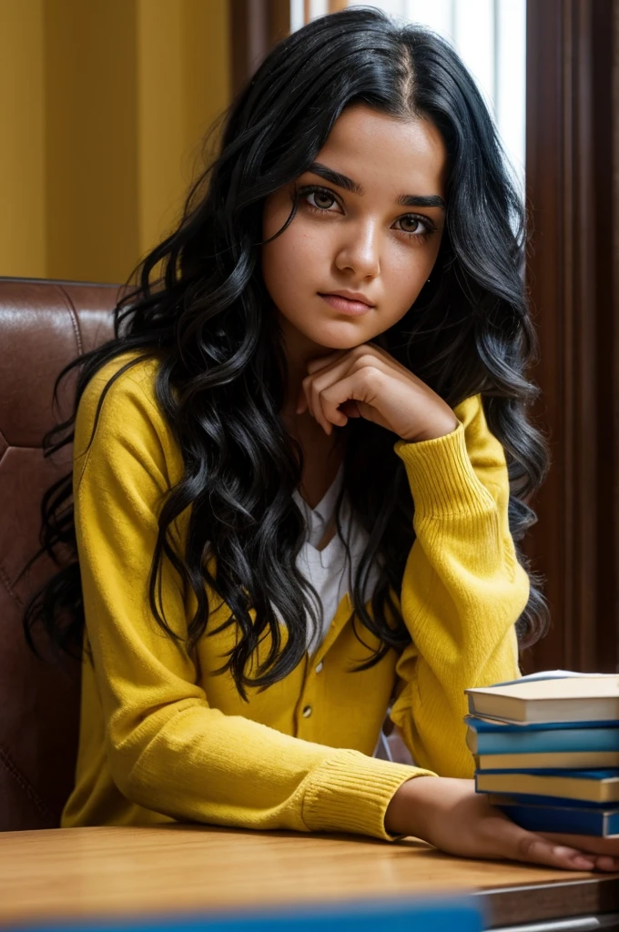Image shot of girl with wavy black hair with two yellow strands, black left eye and blue right eye with a scar in the UA high and she is sitting at a table in the living room.