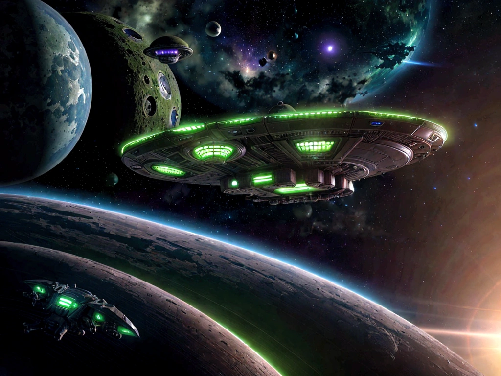 a large alien spacecraft, approaching a lush, verdant planet, detailed view of the back of the ship, advanced technology, glowing engines, sleek design, dramatic lighting, vibrant colors, cinematic composition, epic scale, photorealistic, highly detailed, 8k, award-winning, concept art style