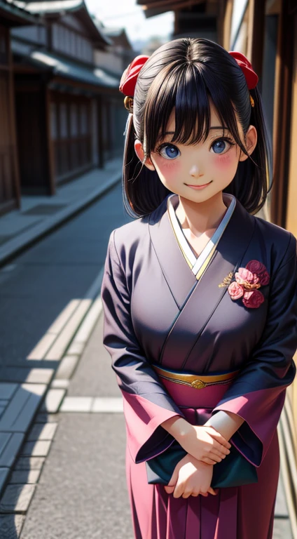 Professional Lighting,(Photorealistic:1.4), (Top image quality:1.0), (超High resolution:1.0), 8K, Raw photography, (masterpiece:0.2), (Face to face with the children_v1:0.5)、(最高quality Detail:1.2)、Realistic、8K Ultra HD、High resolution、(1 Girl:1.2)、超Familiarな、High quality textures、Intricate details、Familiar、Very Familiar CG、High quality shadows、Familiar 美しく繊細な顔、Beautiful details and a delicate eye、(Symmetrical eyes:1.2),Written boundary depth、Ray Tracing,1 Girl, Japanese Girls, (Natural smile:1.4),cute, thin, Portrait of a beautiful Japanese woman in a kimono, Standing elegantly on a street corner in Kyoto. Kimono with vibrant traditional patterns, Hair decorated with elegant and delicate hairpins, Gentle expression. (With the old streets of Kyoto in the background:1.4)、The soft light of a spring afternoon, (Realistic:1.3), finely, quality, (Tabletop:1.2), (Realistic:1.2), (最高quality), (複雑なFamiliar), dramatic, Ray Tracing, photograph, +roller、Full body portrait、Plump thighs