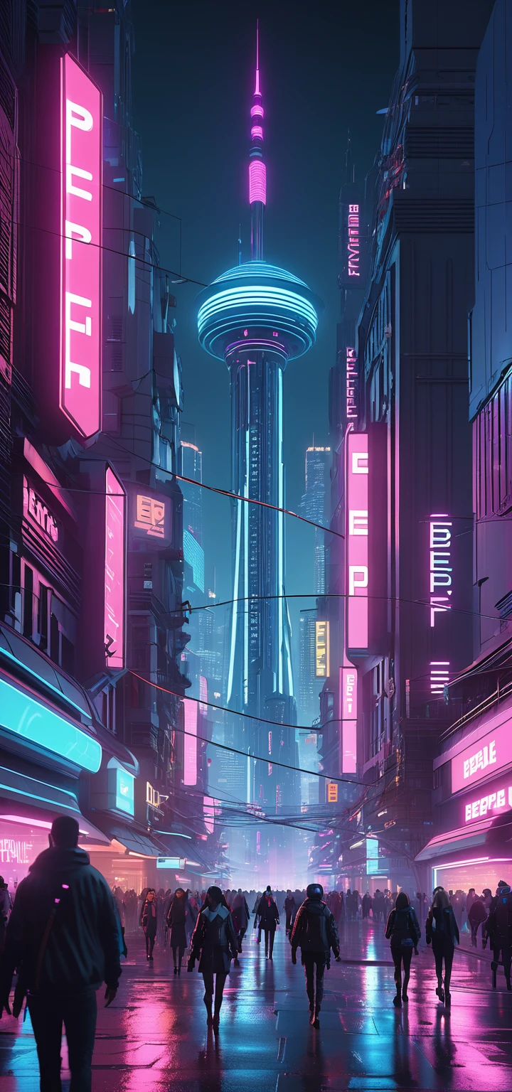 People walking in the city at night,A large clock tower is in the background, In a future cyberpunk city, Future cyberpunk scene, Arstation and beeple height, In a fantasy sci-fi city, sci-fi Cyberpunk city streets, Busy cyberpunk metropolis, 3D rendering of beeple, buzzer, Cyberpunk city streets, Similar to beeple's style