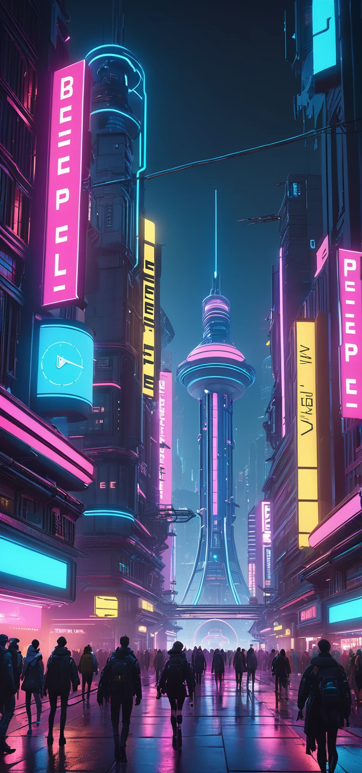 People walking in the city at night,A large clock tower is in the background, In a future cyberpunk city, Future cyberpunk scene, Arstation and beeple height, In a fantasy sci-fi city, sci-fi Cyberpunk city streets, Busy cyberpunk metropolis, 3D rendering of beeple, buzzer, Cyberpunk city streets, Similar to beeple's style