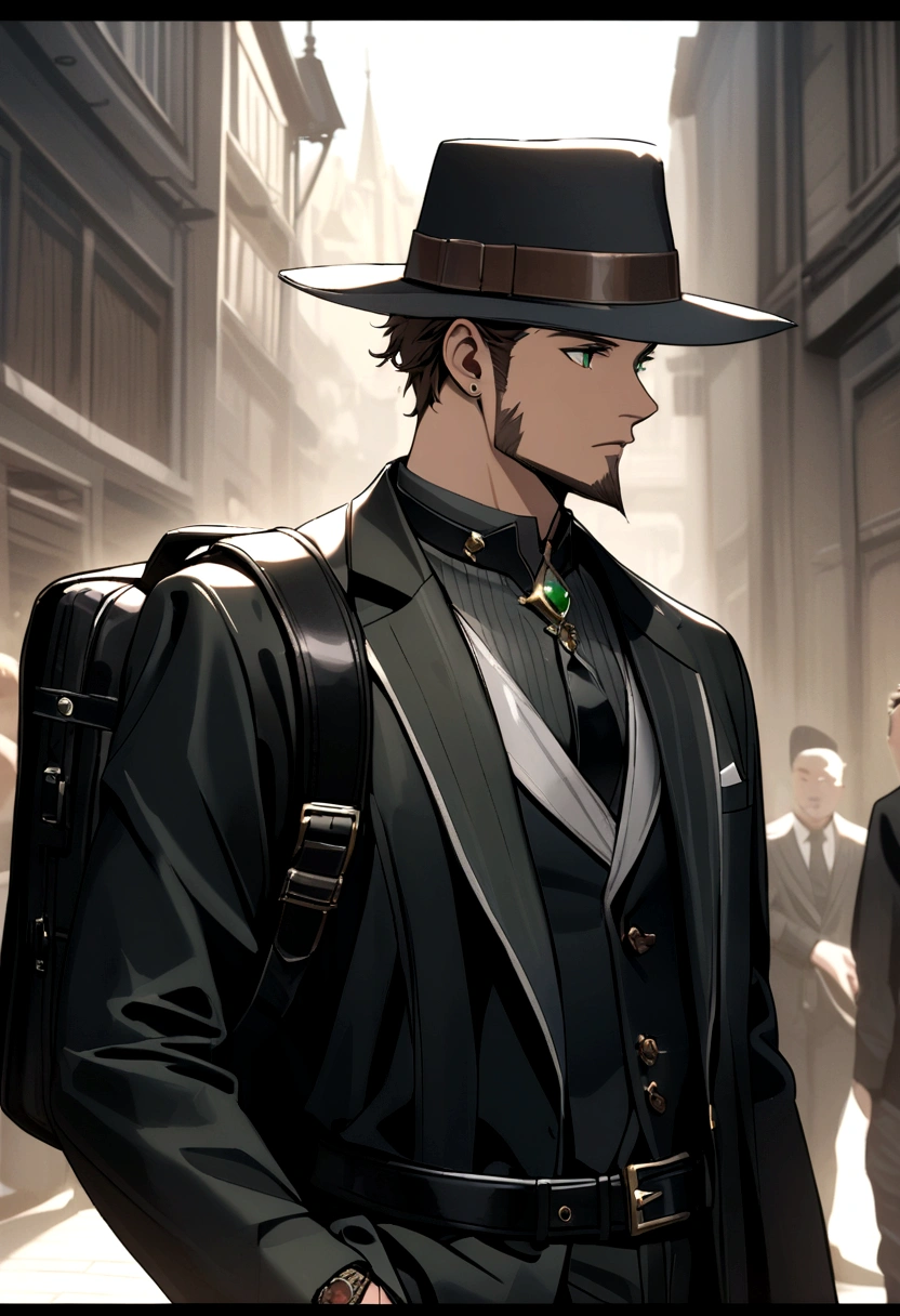 brown haired guy, goatee, dark green eyes, black hat, black suit with white trim, black backpack, brown watch, black belt