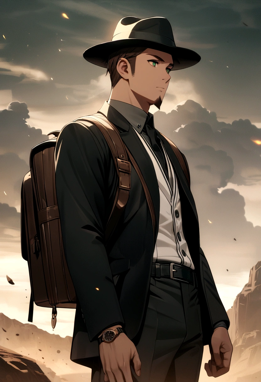 brown haired guy, goatee, dark green eyes, black hat, black suit with white trim, black backpack, brown watch, black belt