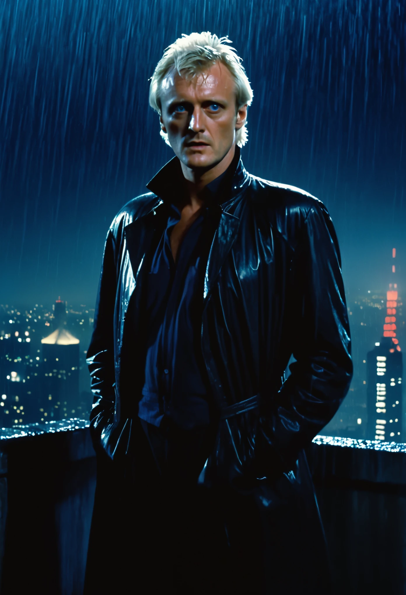 (Hyper-realistic photograph:1.4), Captivating scene under the rain at night on a rooftop, Featuring (Roy Batty from Blade Runner:1.4), (Young Rutget Hauer:1.5), with short Blonde hair, three-quarters view, Black trench coat, bare chest, looking at the viewer, with a dark rainy city landscape in background, piercing blue eyes, photography style, (half-body shot:1.3), (contemplative expression:1.2),(well-lit:1.2) Extremely Realistic, serendipity art, (sharp focus:1.3), intricate details, highly detailed, by God himself, original shot, masterpiece, detailed and intricate, Movie Still, guttojugg1