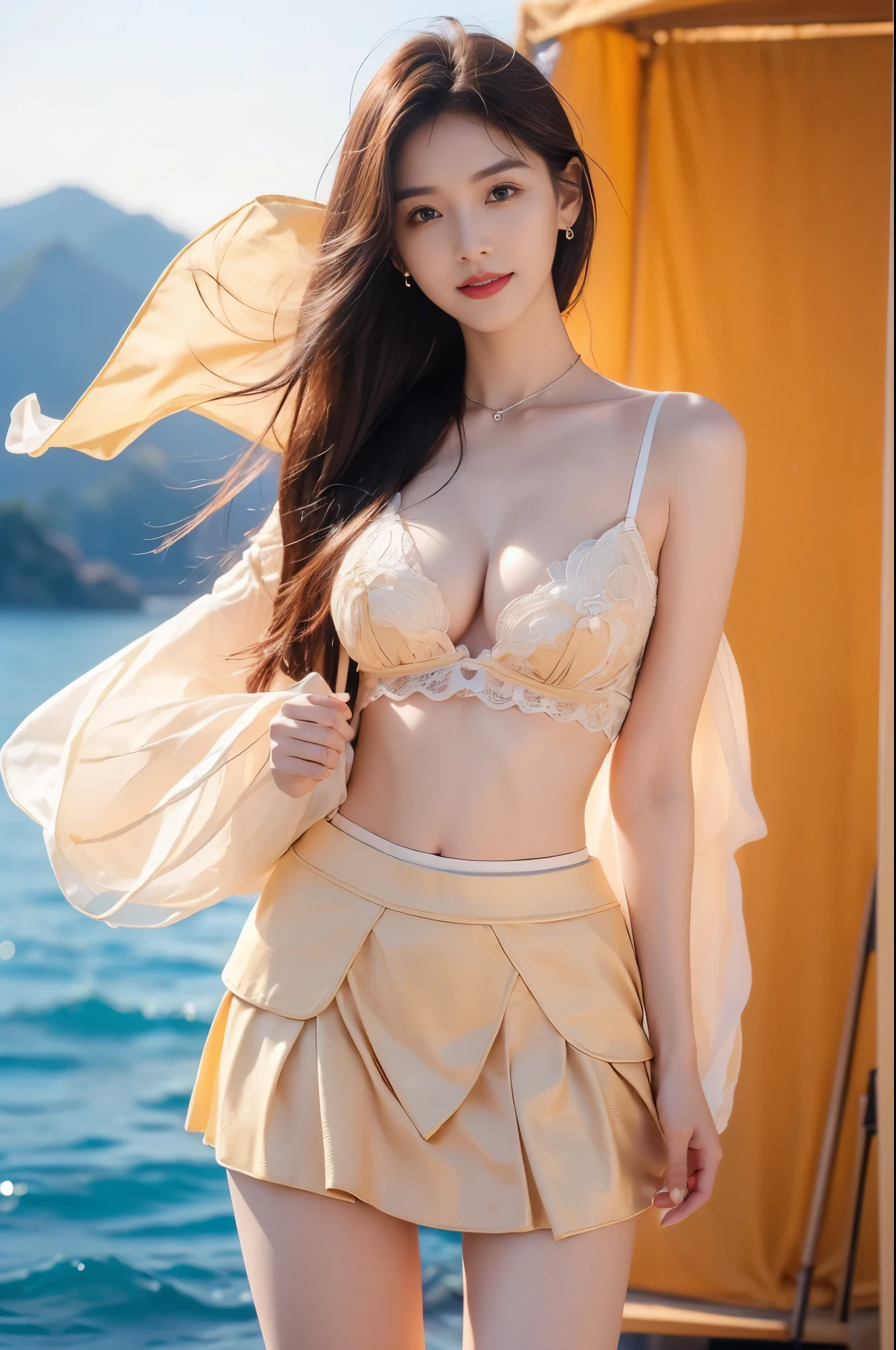 ((Full breasts)), ((The skirt is short)), ((Sexy legs)), ((whole body)), ((I-type Valley)), ((Visible cleavage)), Practical, Fashion Girl, Red lips, Mature women, Exquisite makeup, big eyes, beautiful, (best quality, masterpiece:1.2), Very detailed, (Practical:1.37), ((Random Scenes, Random shooting angle)), ((Sexy long legs)), Standing by the sea, Young and energetic, Charming model, (Exquisite eyes, Delicate lips), Show a bright smile, Create stunning girl images, warm color, Extremely saturated colors, Official Art, Extremely detailed CG, Unity 8K wallpaper, (High Dynamic Range :1.4), (Movie atmosphere),(Soft colors), (Natural skin texture, ultra-Practical, Soft Light, sharp),(Very detailed), night, moonlight