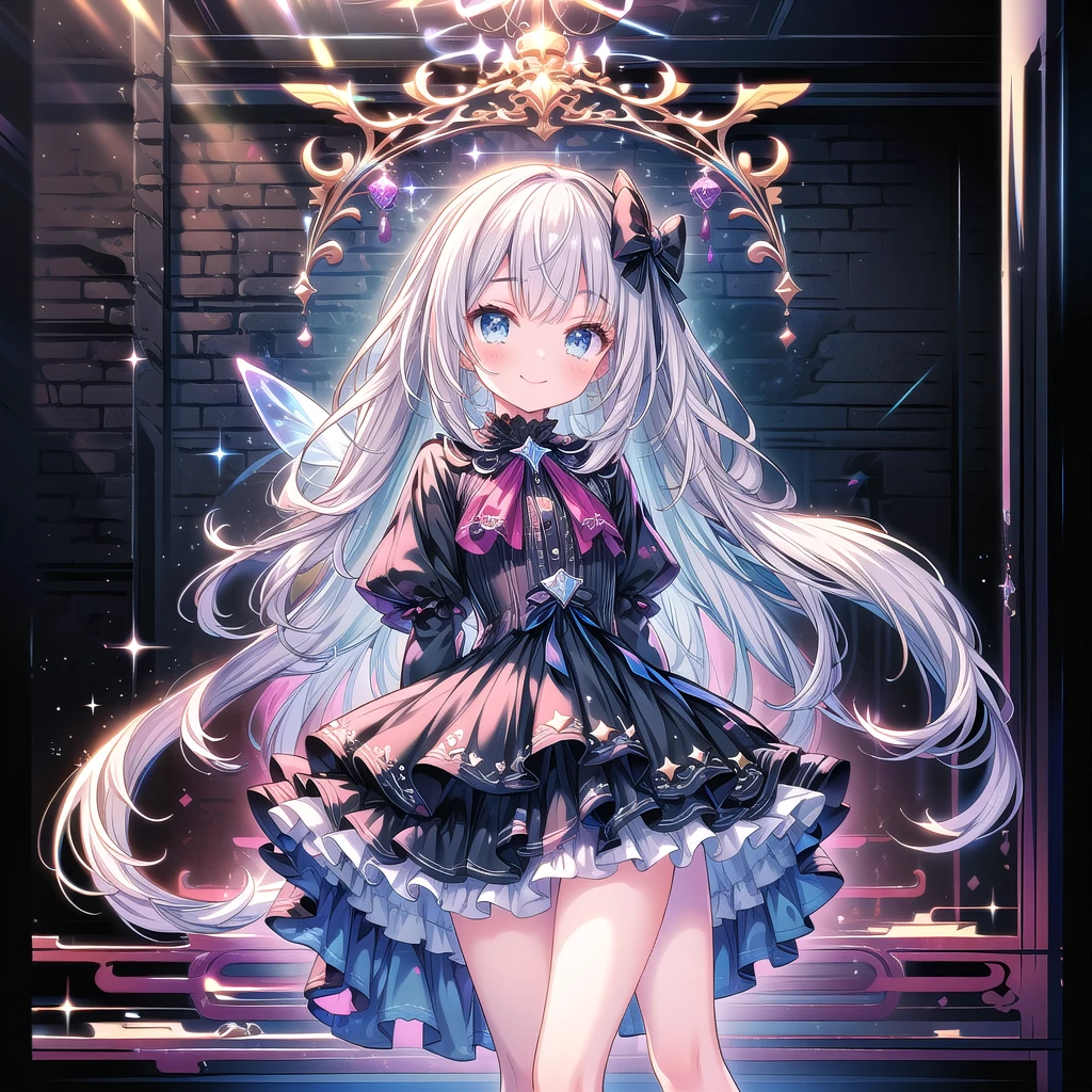 Star Fairy、score_9, score_8_superior, score_7_superior, sauce_anime,masterpiece, Highest quality, High resolution, Highly detailed CG, Absurd, One girl, alone, Cool girl in gothic lolita outfit posing in palace, mini skirt, Frills, 黒 and blue outfit,((smile), Spread your legs, Standing on the floor, ruby👁️🗨️,white_hair, ((two_side_superior)), background, dark_background, Black Palace, Midnight, indoor, (extremely detailed background:1.6), Details 1, Bright colors