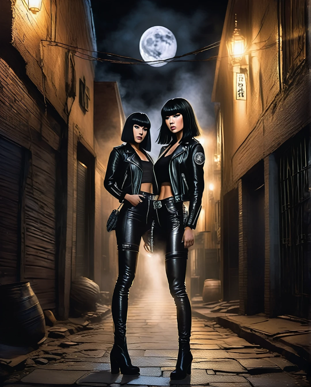 (in sytle of KUBO TITE:1.4)，Masterpiece, photorealistic, highly detailed, a young woman with smooth  dark long black hair with bangs and black eyes and black lips, wearing leather jacket and leather pants, standing, looking at camera, in a gloomy smoke filled alley at night with a full moon