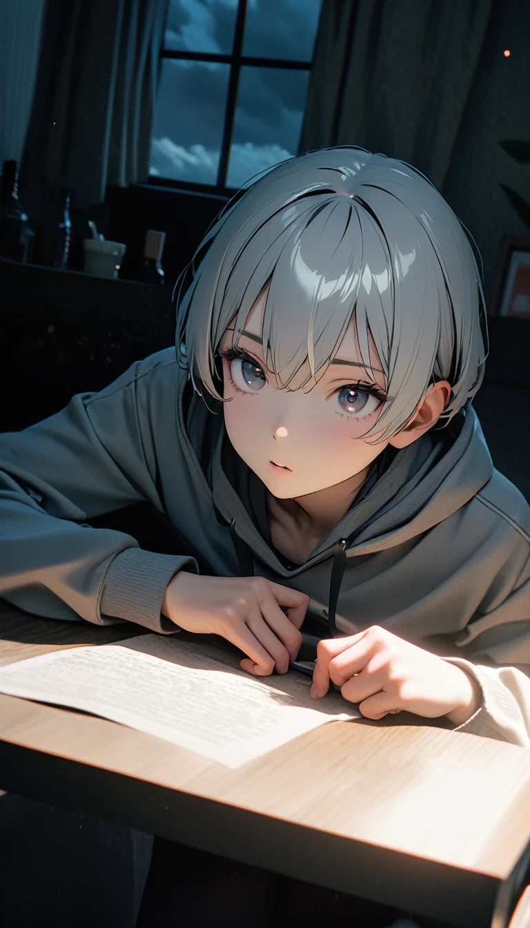 (8K, RAW photos, best quality, masterpiece: 1.4), (((The boy sits at the desk))),Ultra-high resolution, Extremely detailed, light, Eye close-up, handsome boy, black eyes, (delicate eyes, Eyes are bright:1.2), Gray short hair, Fair skin,dark, Grey sweatshirt, sweatshirt with hood,(perfect anatomy:1.2), High-quality shadows, Natural Lighting, (White highlights:1.2), night, cloudy day, (at home:1.2), (Pupil constriction:1.2)
