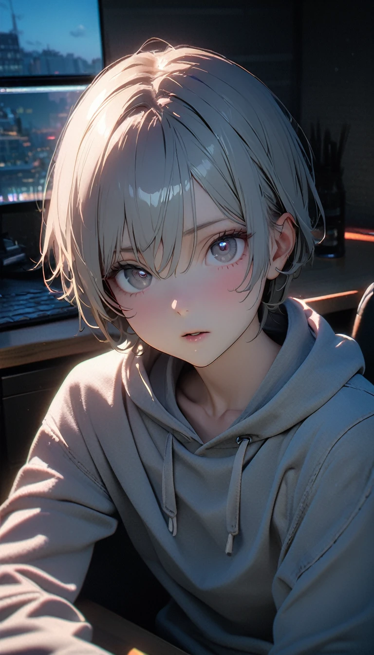 (8K, RAW photos, best quality, masterpiece: 1.4), (((The boy sits at the desk)))，Ultra-high resolution, Extremely detailed, light, Eye close-up, handsome boy, black eyes, (delicate eyes, Eyes are bright:1.2), Gray short hair, Fair skin,dark, Grey sweatshirt, sweatshirt with hood,(perfect anatomy:1.2), High-quality shadows, Natural Lighting, (White highlights:1.2), night, cloudy day, (at home:1.2), (Pupil constriction:1.2)