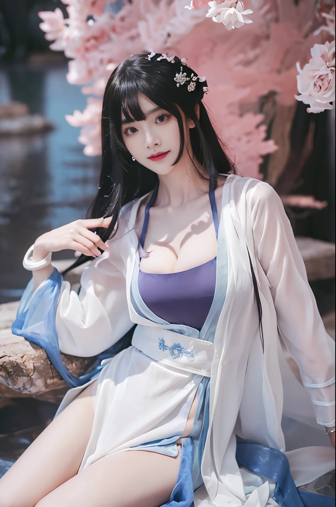 type 95 sbzql,
Hanfu, chinese clothes, sash, headband, dress, see-through,long sleeves, earrings, jewelry, anklet, bracelet,dudou,tube dress,camisole under clothes,
long hair, hair ornament, bangs, ((Full breasts)), ((Sexy legs)), ((whole body)), ((I-type Valley)), ((Visible cleavage)), Practical, Fashion Girl, Red lips, Mature women, Exquisite makeup, big eyes, beautiful, (best quality, masterpiece:1.2), Very detailed, (Practical:1.37), ((Random Scenes, Random shooting angle)), ((Sexy long legs)), Standing by the sea, Young and energetic, Charming model, (Exquisite eyes, Delicate lips), Show a bright smile, Create stunning girl images, warm color, Extremely saturated colors, Official Art, Extremely detailed CG, Unity 8K wallpaper, (High Dynamic Range :1.4), (Movie atmosphere),(Soft colors), (Natural skin texture, ultra-Practical, Soft Light, sharp),(Very detailed), night, moonlight