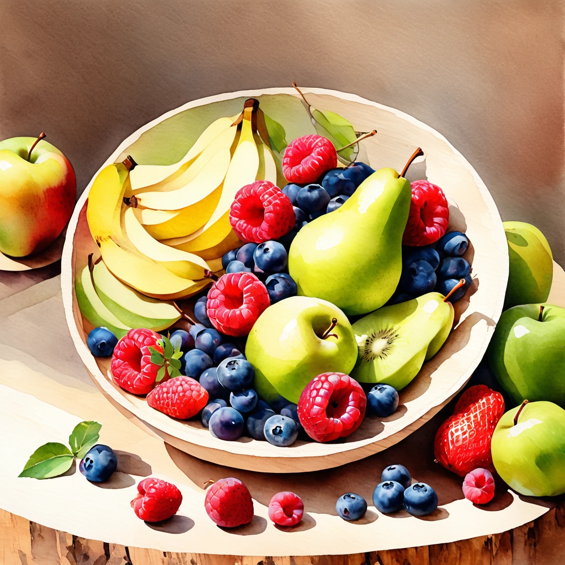 Against brilliant white background. The illustration portrays a wooden bowl filled with an assortment of colorful fruits. Among them are green and red apples, a pear, bananas, blueberries, strawberries, raspberries, blackberries, and slices of kiwi. The bowl rests on a surface, casting subtle shadows, while the plain brilliant white background accentuates the vibrant hues and the wooden texture of the bowl. This image could be relevant for discussions on healthy eating or as an example of realistic still life art. Loose Watercolor Style. Minimalist Color.