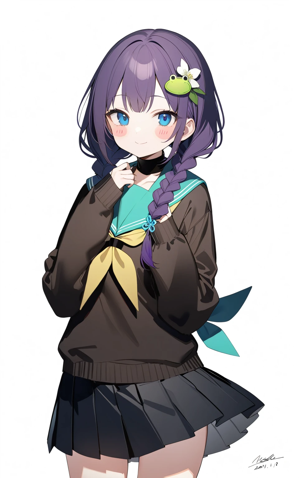 1girl,
(matanonki:0.9090909090909091), topia, poprication, (barbarian tk:1.2100000000000002), (liduke:0.9090909090909091), (kazepana:1.1),
(nagishiro_mito:1.1), toosaka_asagi, year 2023, skirt, standing, skirt, looking at viewer, blush, signature, blush stickers, white background, hair ornament, black skirt, long hair, dated, simple background, contrapposto, , sailor collar, yellow neckerchief, twin braids, blue eyes, turtleneck, winking \(animated\), frog hair ornament, cowboy shot, black serafuku, braid, smile, pendant, green sailor collar, flower, medium skirt, purple hair, sweater, sleeves past wrists, neckerchief, serafuku, solo, brown sweater, sideways mouth, voice actor connection, pleated skirt, long sleeves, closed mouth, hands on own cheeks, hands on own face, side braids, collarbone, jewelry, white flower,
masterpiece, newest, absurdres, safe