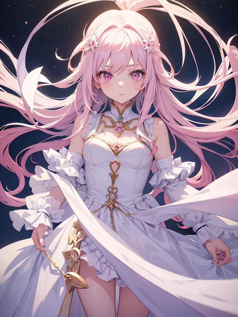 1girl, anime teen girl, pink eyes color, long hair fantasy princess hairstyles, studio anime art style, white princess dress outfit, hair color:#f9c7b1, fun expression smiles, fun smile, fantasy castle king hall, snow white walls, detailed face, detailed hands, detailed eyes, detailed lips, extremely detailed high quality, masterpiece, (best quality,4k,8k,highres,masterpiece:1.2), cinematic lighting,