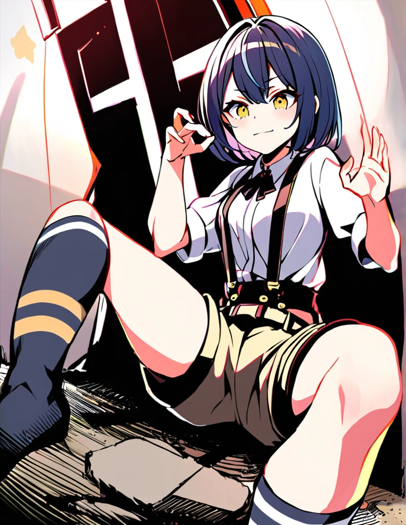 Girl,Sit cross-legged,Suspenders,shorts,sock,Shooting from bottom to top,Biye gesture,Prop up the ground with one hand,