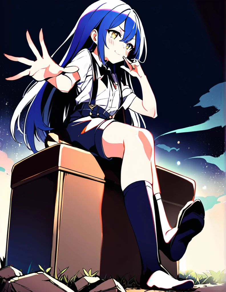 Girl，Sit cross-legged，Suspenders，shorts，sock，Shooting from bottom to top，Biye gesture，Prop up the ground with one hand，