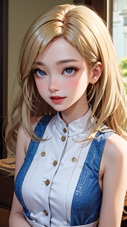 blush a little and smile, (Top quality masterpiece:1.2) Delicate illustrations, Very detailed, /Beautiful Japanese Women、1 person,Very cute and slim、Great style 、((8K images、super high quality))、Very delicate face, Skin and Hair、beautifule forehead、Red lipstick、(((((Mid-length hair、Blonde、lure))))),Very cute Japanese cut face、Eyes and nose are clearly visible、Kind eyes,((((Sleeveless fashion))))