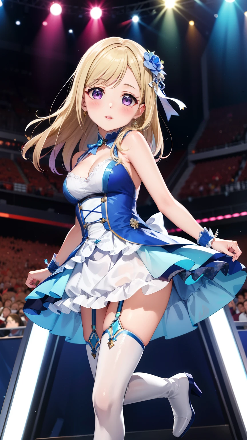 masterpiece, best quality, highly detailed, ultra high res, ayase arisa, kitagawa marin, 1girl, solo, hair ornament, flower in hair, blonde hair, glossy lips, full lips, sleeveless idol dress, very puffy miniskirt, flared miniskirt, (see-through skirt), pink thigh highs, white heeled boots, full body, looking at viewer, crowd, audience, cleavage