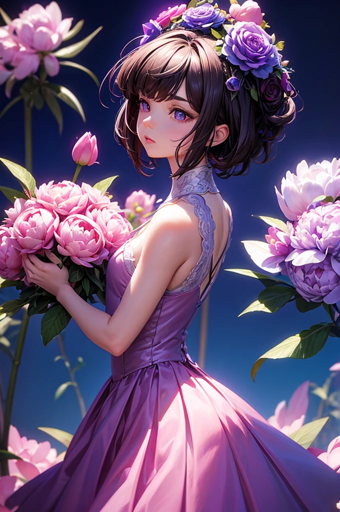 Many peonies flowers pink and purple, Blue background, Very detailed, surreal, 3d, Octane Rendering, bright colors, Digital painting, Art Station Trend, sharp focus,