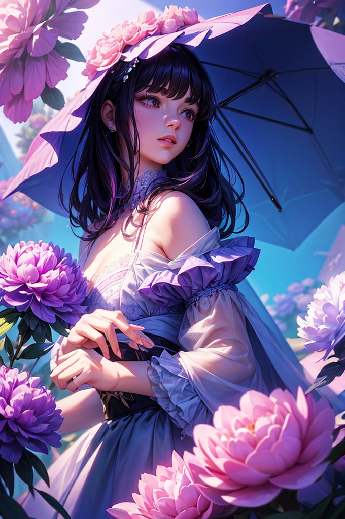 Many peonies flowers pink and purple, Blue background, Very detailed, surreal, 3d, Octane Rendering, bright colors, Digital painting, Art Station Trend, sharp focus,