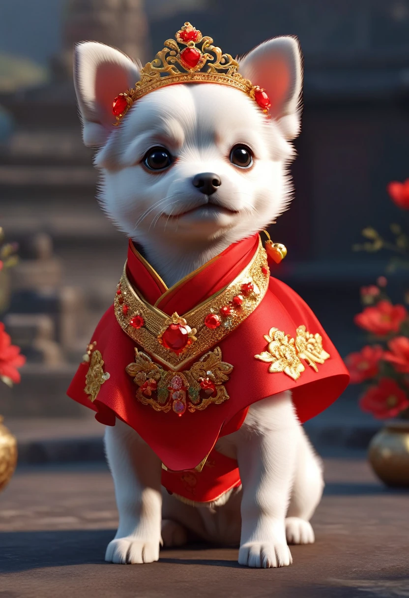 In ancient China, A very cute puppy was wearing a bright red wedding dress. The dog bride was an incarnation, Red scarf on head、She wears gold jewels on her head, Pixelated Style (Anthropomorphic standing posture), Attractive big eyes, Cute tail, Ultra-realistic, Very detailed, Gorgeous, elegant, nice, Unreal Engine, Octane Rendering, 8K, VRAY Super Reality