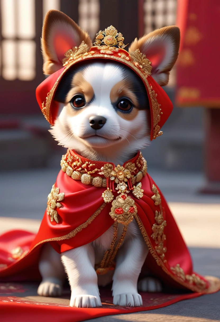 In ancient China, A very cute puppy was wearing a bright red wedding dress. The dog bride was an incarnation, Red scarf on head、She wears gold jewels on her head, Pixelated Style (Anthropomorphic standing posture), Attractive big eyes, Cute tail, Ultra-realistic, Very detailed, Gorgeous, elegant, nice, Unreal Engine, Octane Rendering, 8K, VRAY Super Reality