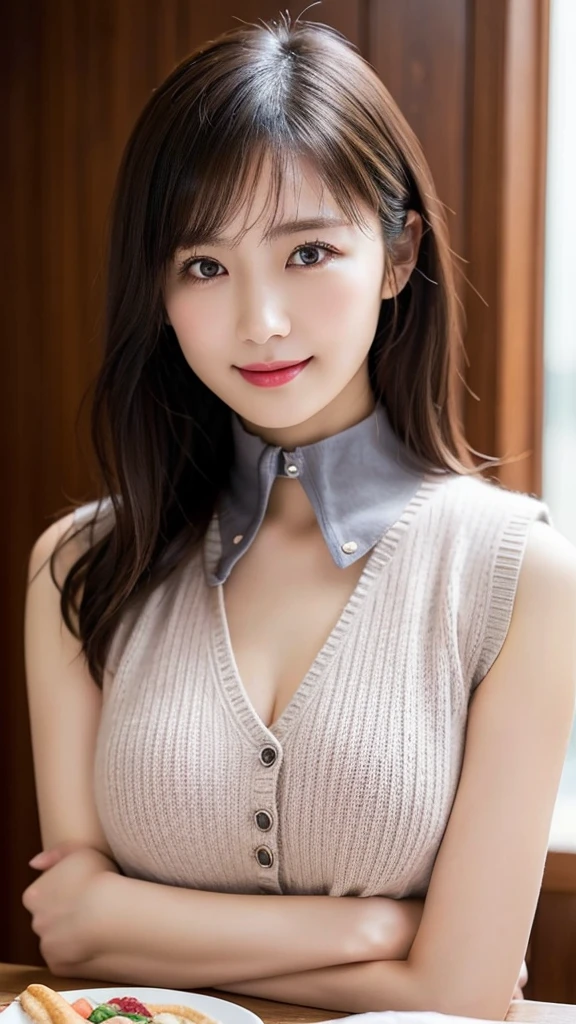 On the table, best quality, Photorealistic, Fine details, high resolution, 8k wallpaper, Perfect dynamic composition, Beautiful and delicate eyes, Medium Length Hair, Full breasts, Casual and sexy pose,Hold your head high and your chest high、(High collar cropped vest, Sleeveless knitwear:1.3)、Showing a small amount of chest skin,(Huge breasts,Towering breasts:1.2),Toothy smile、View from the resort、18 years old、Adult Beauty、Japanese woman