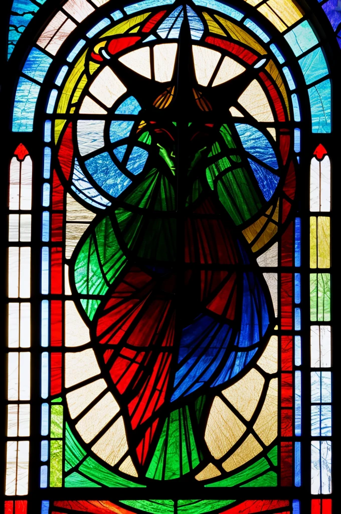 Draw a stained glass window with a demon in it