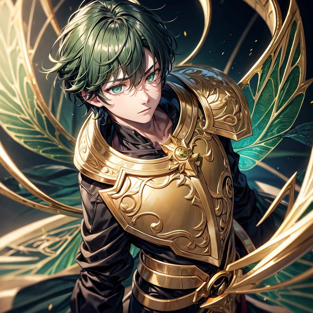 Boy with gold armor and cavello asero Black green eyes and dragonfly wings