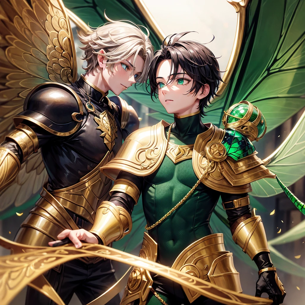 Boy with gold armor and cavello asero Black green eyes and dragonfly wings