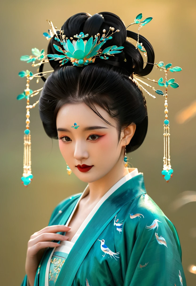 1 girl wearing traditional blue-green kingfisher feather Hanfu , Wearing exquisite accessories，High bun，Wearing a blue-green kingfisher feather hair ornament. Turquoise。 Ultra HD, masterpiece, best quality, high resolution, Natural light, Professional photography,