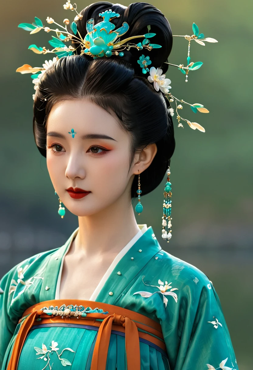 1 girl wearing traditional blue-green kingfisher feather Hanfu , Wearing exquisite accessories，High bun，Wearing a blue-green kingfisher feather hair ornament. Turquoise。 Ultra HD, masterpiece, best quality, high resolution, Natural light, Professional photography,