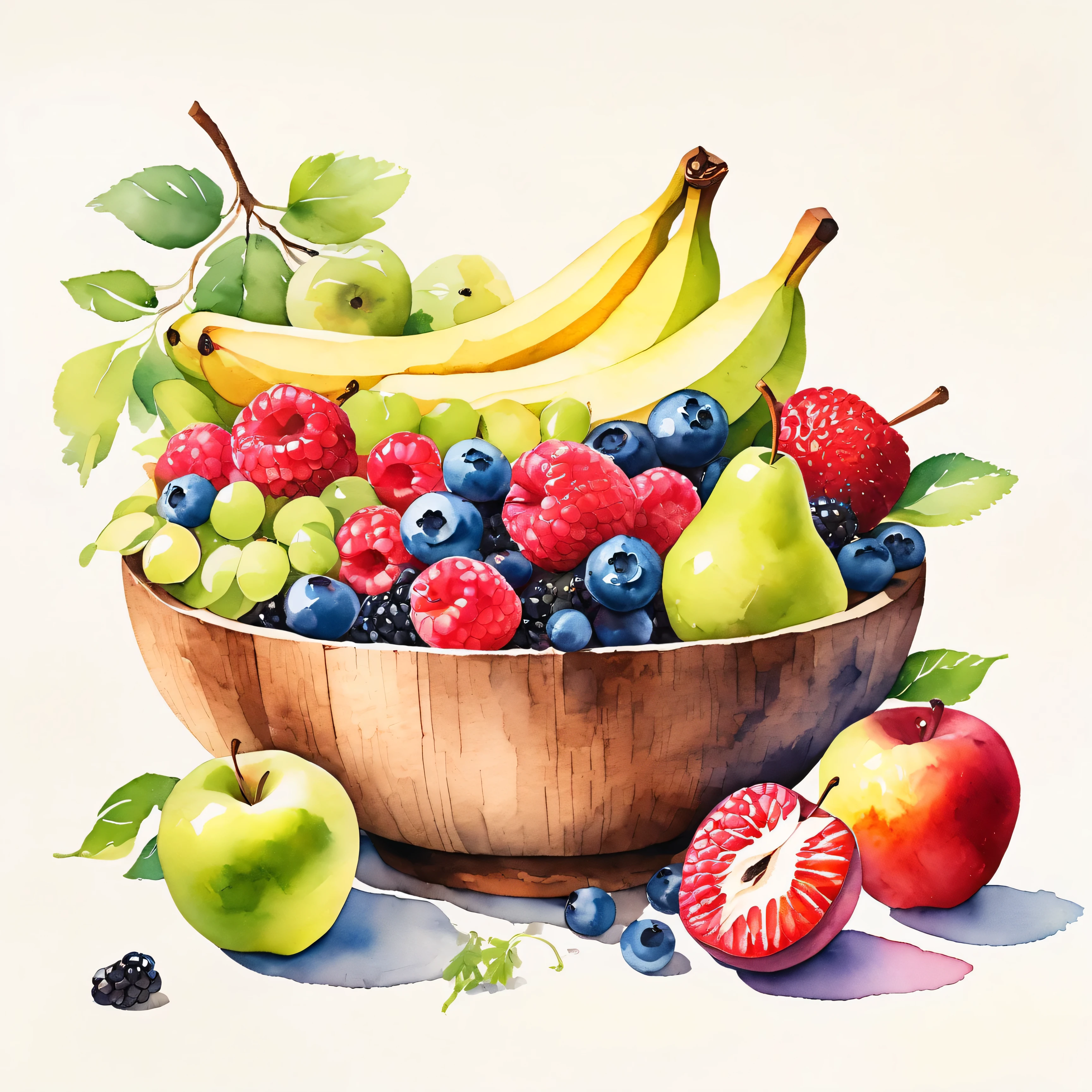 Against brilliant white background. The illustration portrays a wooden bowl filled with an assortment of colorful fruits. Among them are green and red apples, a pear, bananas, blueberries, strawberries, raspberries, blackberries, and slices of kiwi. The bowl rests on a surface, casting subtle shadows, while the plain brilliant white background accentuates the vibrant hues and the wooden texture of the bowl. This image could be relevant for discussions on healthy eating or as an example of realistic still life art. Loose Watercolor Style. Minimalist Color.