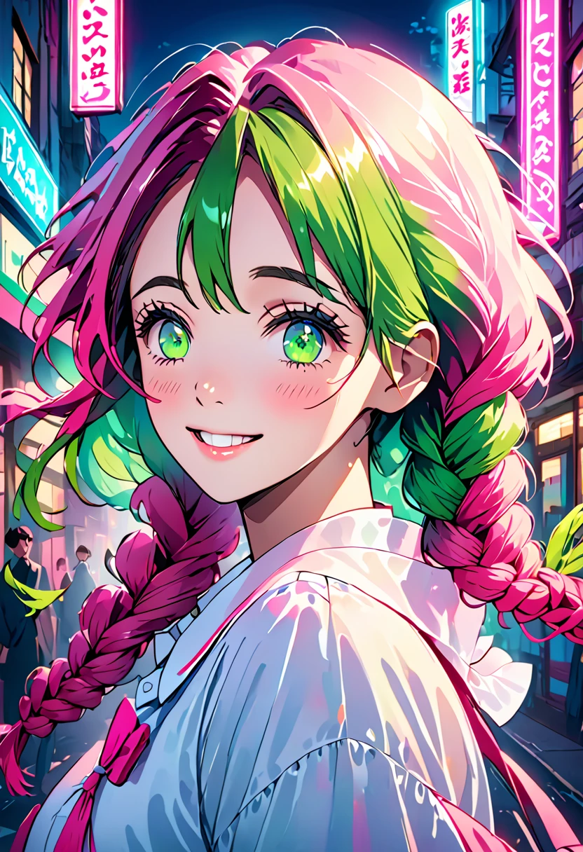 Fashion portrait color photography, Escape, Neon Light 、A school uniform with an open chest、Pink and green hair gradient、Mainly pink hair、smile、Mole under both eyes、smile、Braid