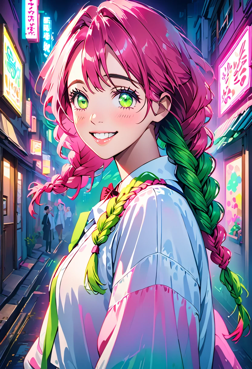 Fashion portrait color photography, Escape, Neon Light 、A school uniform with an open chest、Pink and green hair gradient、Mainly pink hair、smile、Mole under both eyes、smile、Braid