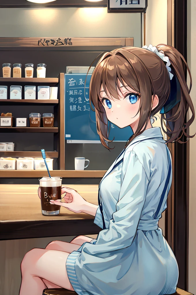 Brown Hair、Light blue eyes、High ponytail、I work in a cafe、Looking back、Looks busy