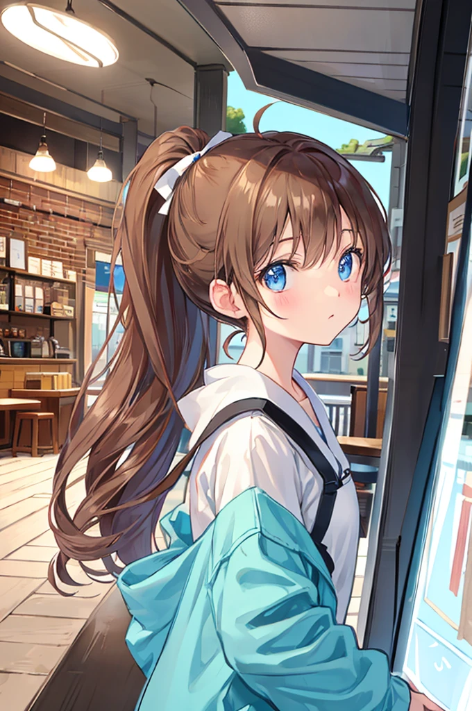 Brown Hair、Light blue eyes、High ponytail、I work in a cafe、Looking back、Looks busy