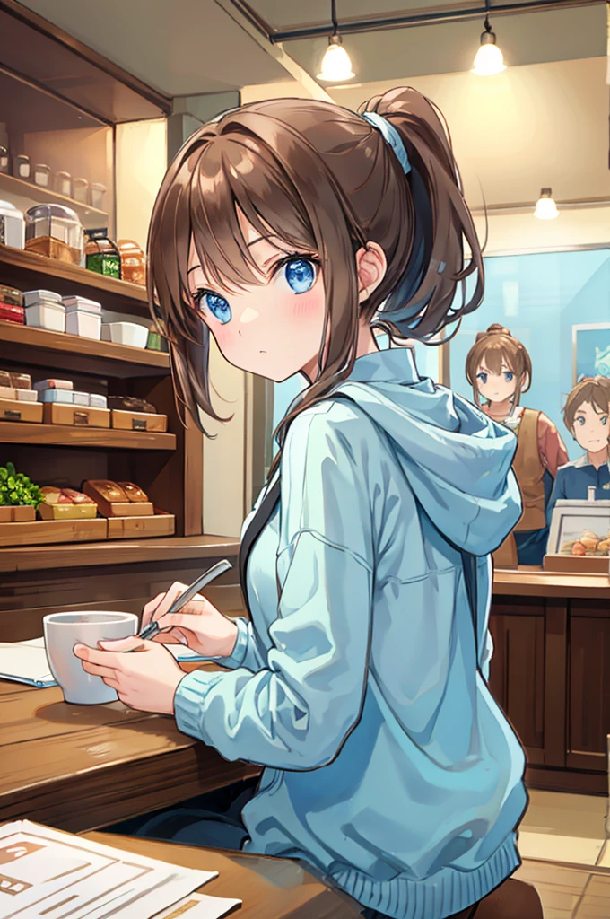 Brown Hair、Light blue eyes、High ponytail、I work in a cafe、Looking back、Looks busy