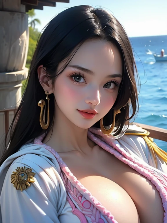 (masterpiece, best quality:1.4), (Face Focus:1.5), external, (Close to the sea), 1 Girl, Solitary, Hancock 1, 1 Girl, Boya Hancock, (((Full and soft breasts,)))(((Huge breasts))) (((Cleavage))), Long hair, Epaulettes, cape, (white cape:1), Top of crop, Long sleeve, Side slits, (Young women in Europe:1), Looking at the audience, Beautiful Smile, Pretty Face, Highly detailed face, Very detailed eyes, Subsurface scattering, Practical pupils, Full flush, Full lips, Detailed background, Depth of Field, Volumetric Lighting, Clear focus, absurd, Practical proportions, (Practical, hyperPractical:1.4), 16k High Dynamic Range
