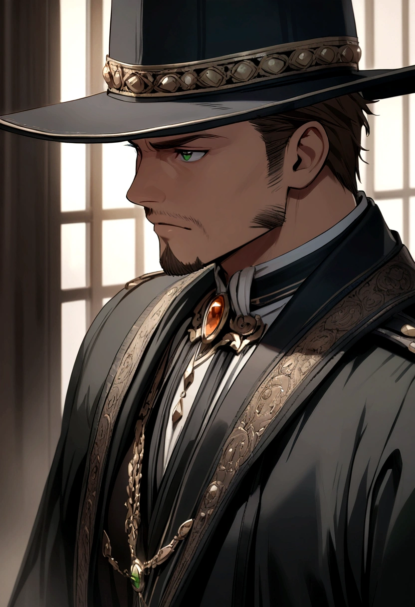 brown haired guy, goatee, dark green eyes, black hat, black suit with white trim, black backpack, brown watch, black belt