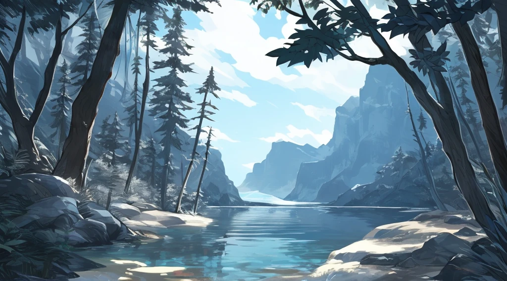 hi res,(polar bear), anthro,4 fingers, aqua blue eyes, blue pants, white shirt, male, muscular, muscular anthro, muscular male, tail, outside, plant, light blue body, sea, solo, tree, (water), detailed background,by milkytiger1145,by takemoto arashi,by null-ghost, cold atmosphere, open smile, soft blue blush