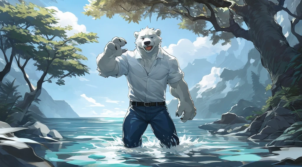 hi res,(polar bear), anthro,4 fingers, aqua blue eyes, blue pants, white shirt, male, muscular, muscular anthro, muscular male, tail, outside, plant, light blue body, sea, solo, tree, (water), detailed background,by milkytiger1145,by takemoto arashi,by null-ghost, cold atmosphere, open smile, soft blue blush