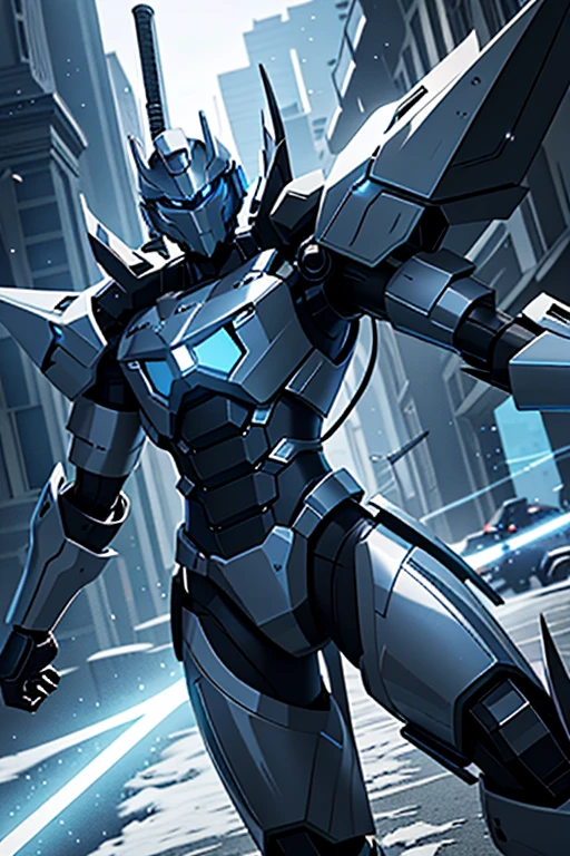 1 boy on his back with a mecha suit on his back with a sword with a blue aura and another sword with a red aura
