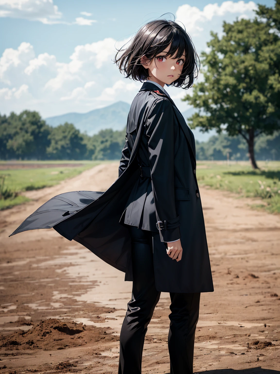 masterpiece, best quality, lineart, anime screencap, sketch, (1girl), black hair, bob cut, bangs, hair swaying from the wind, red eyes, bright pupils, sparkling eyes, (wearing trench coat, long black trench coat, black suit, black pants, grey tie, black dress shoes:1.3), solo, standing, neutral expression, standing, looking at viewer, light particles, scenery, outdoors, dirt field, muddy fields, cloudy sky, bokeh, blurry background, 200mm lens,