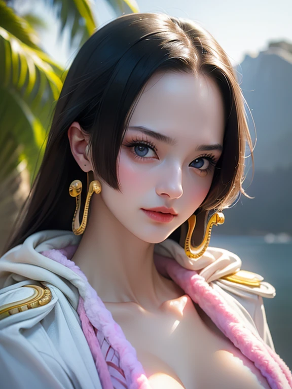 (masterpiece, best quality:1.4), (Face Focus:1.5), external, (Close to the sea), 1 Girl, Solitary, (whole body)Hancock 1, 1 Girl, Boya Hancock, (((Full and soft breasts,)))(((Huge breasts))) (((Cleavage))), Long hair, Epaulettes, cape, (white cape:1), Top of crop, Long sleeve, Side slits, (Young women in Europe:1), Looking at the audience, Beautiful Smile, Pretty Face, Highly detailed face, Very detailed eyes, Subsurface scattering, Practical pupils, Full flush, Full lips, Detailed background, Depth of Field, Volumetric Lighting, Clear focus, absurd, Practical proportions, (Practical, hyperPractical:1.4), 16k High Dynamic Range