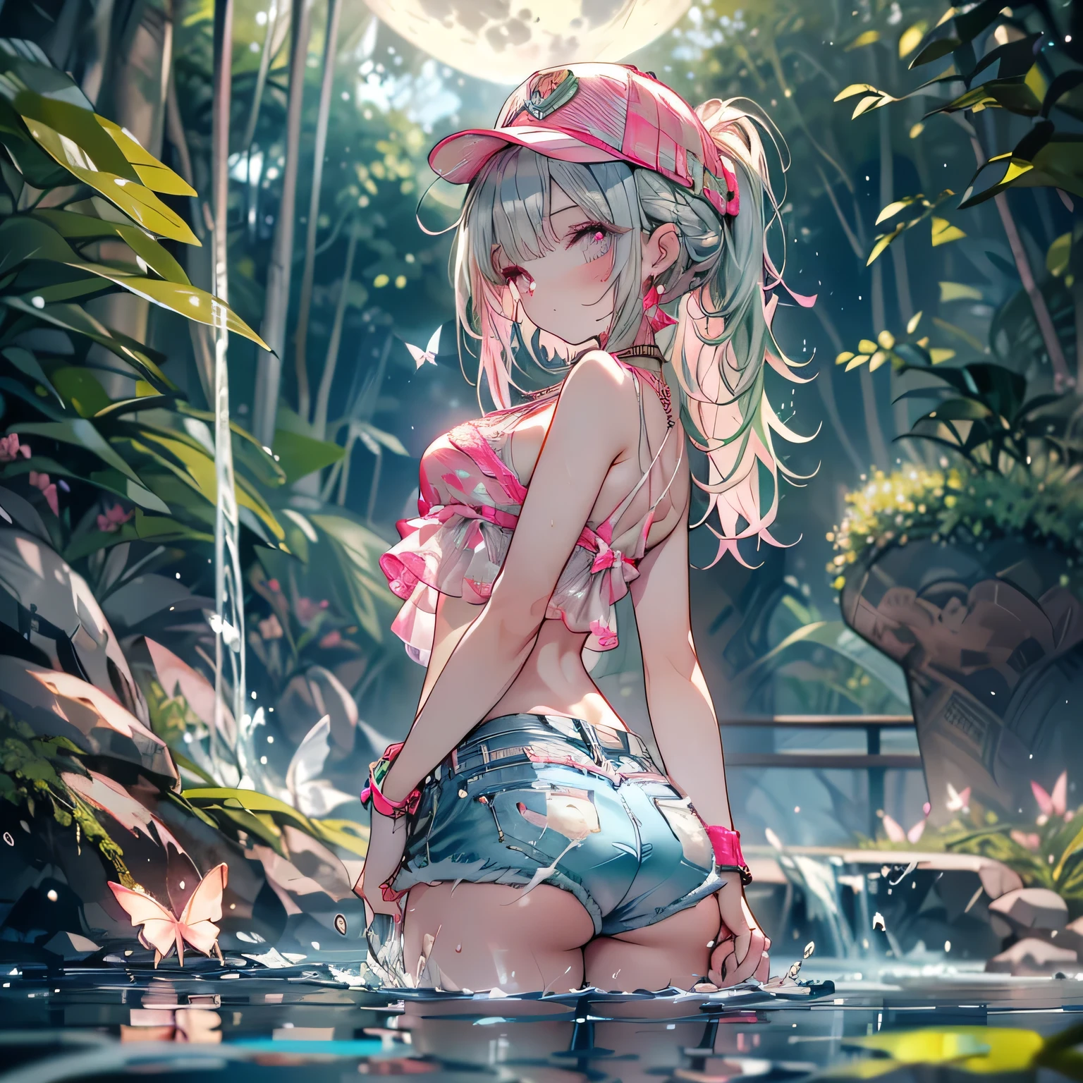 looking back,low angle,from below,
(beautiful pink and green butterflies all over the place),
((masterpiece:1.4, best quality)), ((masterpiece, best quality)),low angle,beautiful pony tail silver green hair,beautiful pink eyes,little cute girl,wet full body, bathing in the water,water falls,water splash,lovely laugh,denim shorts,pink and green baseball cap, ((pink and green elegant summer bikini)), (Lace chalker, wristband, diamond necklace,earrings),cinematic lighting and pause,beautiful natural mysterious park,night sky,full moon,(beautiful pink and green butterflies all over the place),