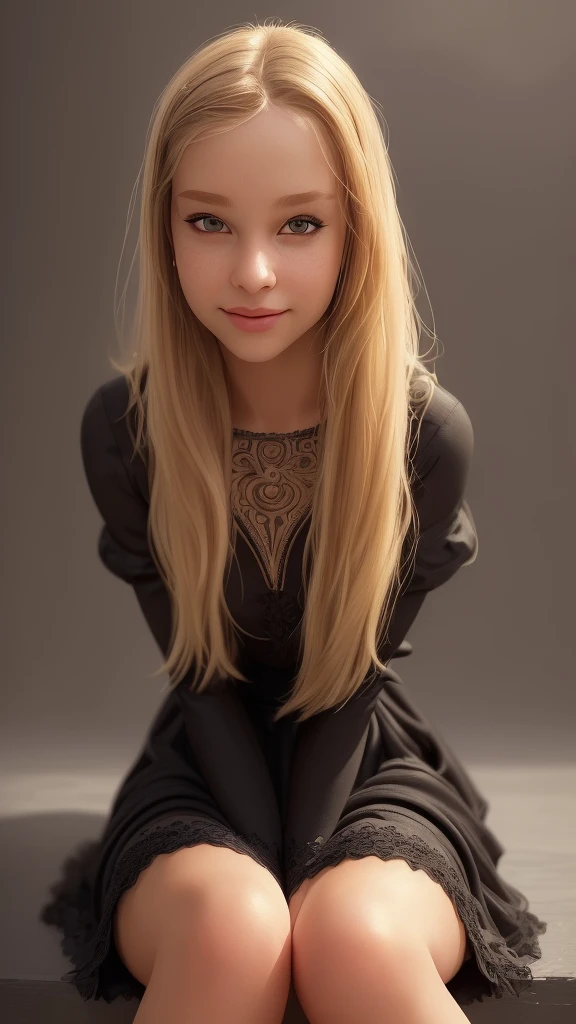 Prompt: Realistic, (photorealistic:1.4), beautiful happy girl with blond and brown highlight hairs , sitting pose, wearing a black dress with white detail , ultra detailed face, intricate details, skin texture, pores, highlights, hyperdetailed, soft natural light, exposure blend, flat color, low contrast